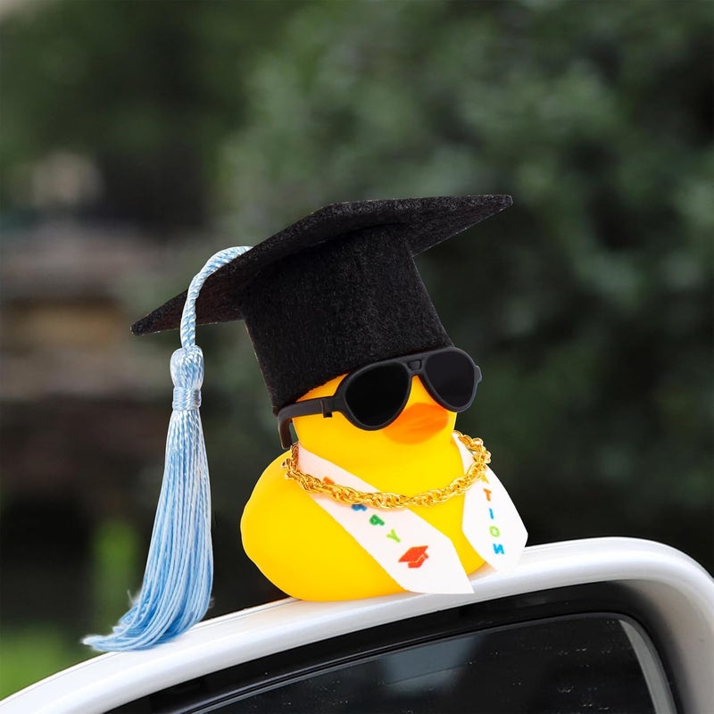 wonuu Graduation Stole Rubber Ducks, Dashboard Decorations Duck for Car Ornament Accessories with Hat Sunglasses Sash Chain (Light Blue) - Image 3